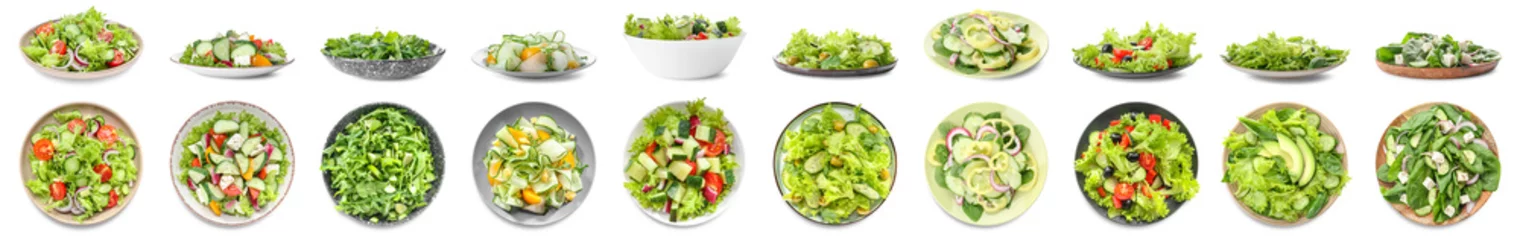 Gordijnen Set of tasty cucumber salads on white background © Pixel-Shot