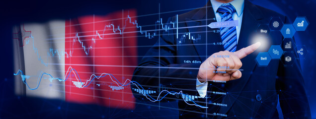Businessman touching data analytics process system with KPI financial charts, dashboard of stock and marketing on virtual interface. With Malta flag in background.
