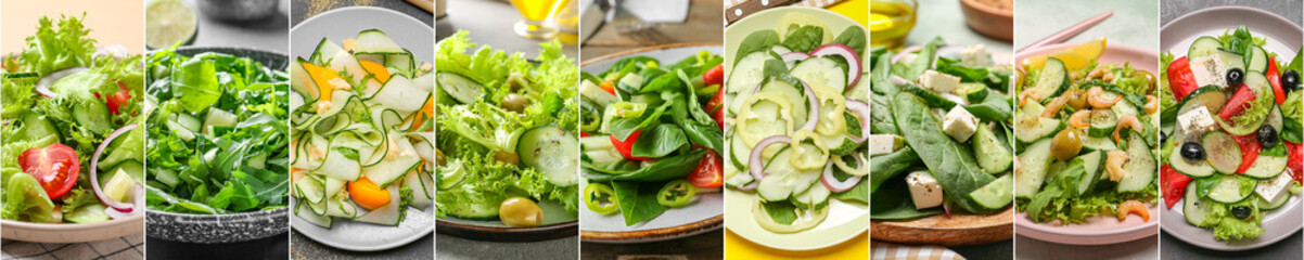 Collage of photos with tasty cucumber salads
