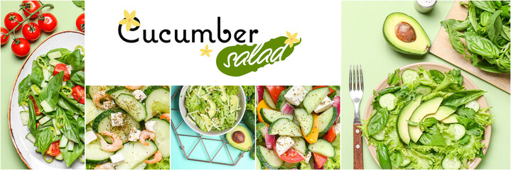 Collage of photos with tasty cucumber salads