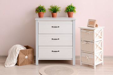 Modern chest of drawers with houseplants near color wall in room