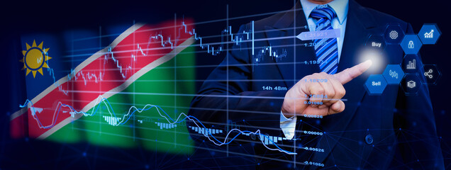 Businessman touching data analytics process system with KPI financial charts, dashboard of stock...