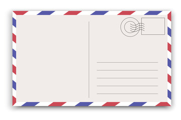 Post card. Retro postcard. Empty letter. Postmarked paper. A message from a traveler. Vector illustration. Stock image.