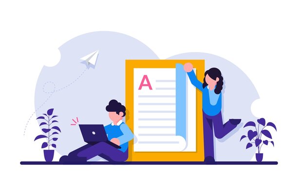 Online education. Students study disciplines over the Internet. The guy with the laptop. Modern flat illustration.