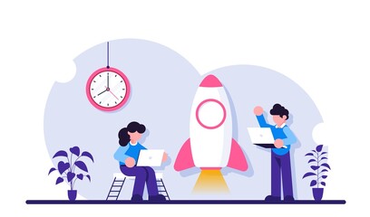 Boost business. Startup illustration. People with laptops stand near the rocket. Modern flat illustration.