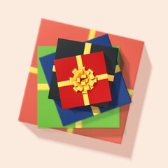 Stack of colored gift boxes. Vector 3d illustration. Top-down view. Blurred background, soft focus