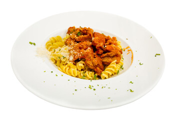 Italian fusilli pasta with with pork in tomato sauce and grated cheese. Isolated over white background