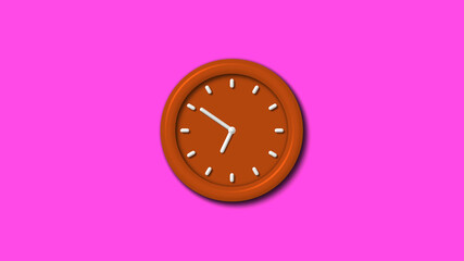 12 hours brown color 3d wall clock on pink background ,3d clock