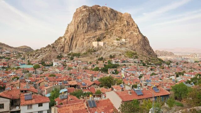 Afyonkarahisar city cityscape with Afyon castle on the rock, Turkey