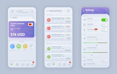 Online banking neomorphic interface vector design for responsive mobile application or website app. UI, UX or GUI user interface templates of wallet, payment card, transaction and setting screens