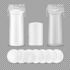Cotton pads realistic mockup with vector isolated makeup remover round sponges and transparent plastic drawstring bags, 3d cotton discs with different textures for cosmetics, medicine and hygiene