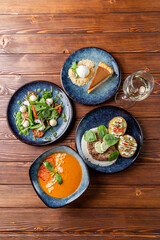 Top view of european lunch on wooden table