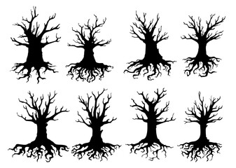 Dead tree isolated silhouettes of vector ecology and Halloween design. Old forest trees with black bare branches, dry roots and trunks, gnarled bough, twisted sticks, crowns and bark
