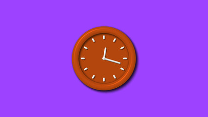 Beautiful brown color 3d wall clock on purple background,12 hours wall clock