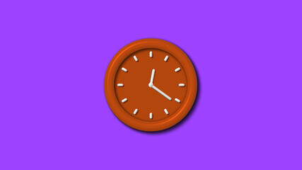Beautiful brown color 3d wall clock on purple background,12 hours wall clock