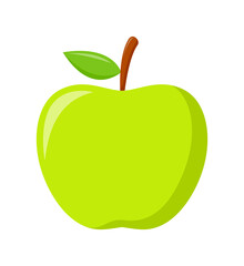 Green apple with green leaves isolated on white background, flat design, fruit vector illustration