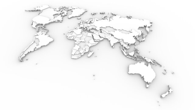 3d world map with raised continents and countries on a white background. Rendering