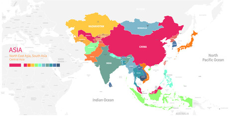 Colorful detailed vector map of the Asian country. - obrazy, fototapety, plakaty