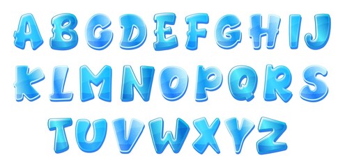 Cartoon font alphabet of blue volumetric letters vector illustration isolated.