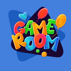Game room text banner placard for kids play area cartoon vector illustration .