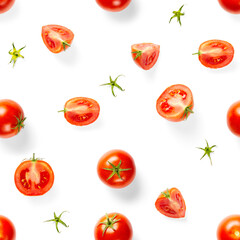 Seamless pattern with red ripe tomatoes. Tomato isolated on white background. Vegetable abstract seamless pattern. Organic Tomatoes flat lay