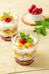 homemade mango and raspberry with yogurt and granola