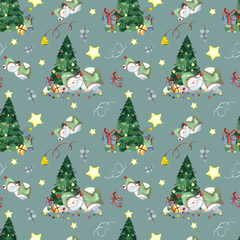 Watercolor hand painted winter seamless pattern with cute snowmen, Christmas tree, garland, Christmas balls, gifts, branches, berries, twigs.
