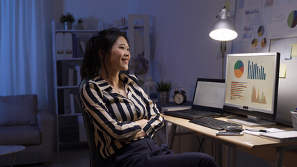 side view happily smiling asian female has finished a big project and sitting in dark office...