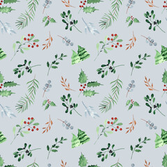 Watercolor hand painted winter seamless pattern with cute snowmen, Christmas tree, garland, Christmas balls, gifts, branches, berries, twigs.
