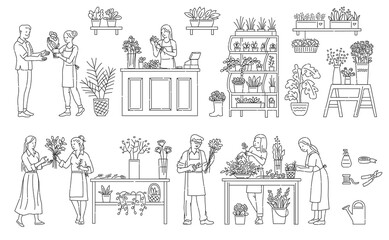 Obraz na płótnie Canvas A set of outlined vector illustrations of florists in a flower shop.