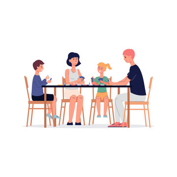 Family in home breakfast or dinner scene flat vector illustration isolated.