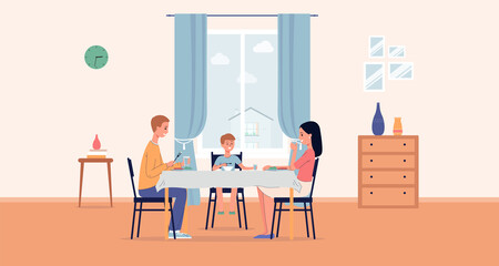 Family couple with child eating together in interior flat vector illustration.