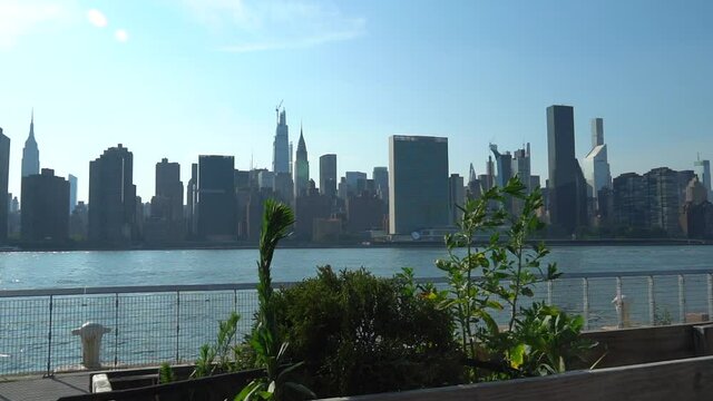 Midtown Manhattan Skyline Behind Planted Garden on a Sunny Day with Clear Skies