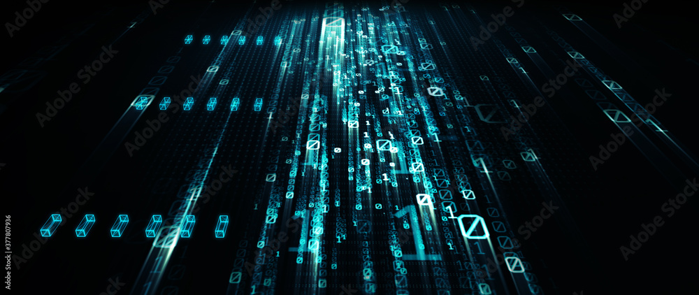 Poster Binary code  background/Blue bytes of binary code flying through a vortex, background code depth of field