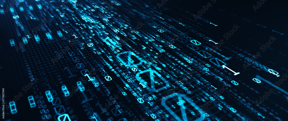 Poster Binary code  background/Blue bytes of binary code flying through a vortex, background code depth of field