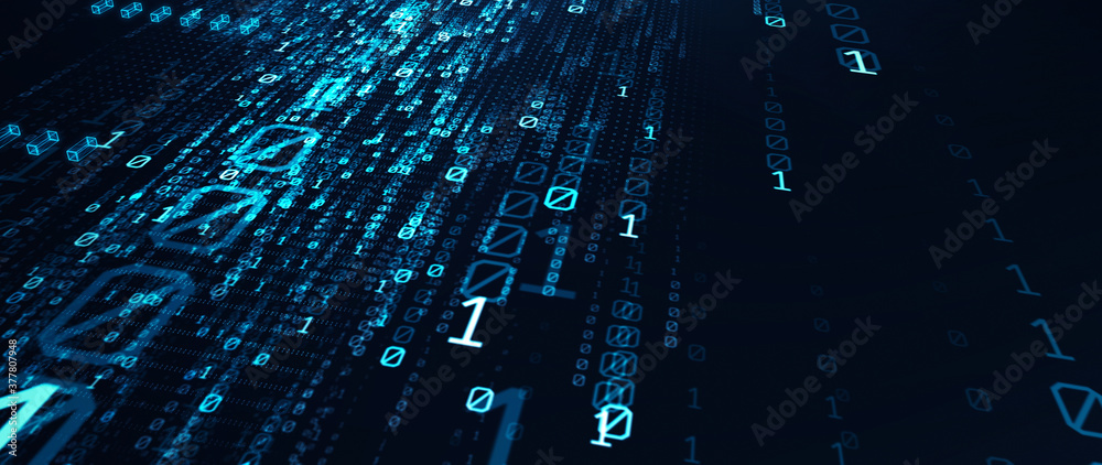 Poster Binary code  background/Blue bytes of binary code flying through a vortex, background code depth of field