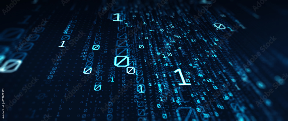 Poster Binary code  background/Blue bytes of binary code flying through a vortex, background code depth of field