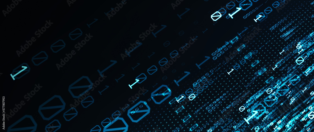 Poster Binary code  background/Blue bytes of binary code flying through a vortex, background code depth of field