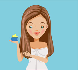 Girl hair care. Beautiful straight brown harl woman. Vector illustration isolated on blue background.