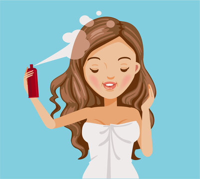 Girl hair care. Beautiful curling woman. Use a styling spray. Vector illustration isolated on blue background.