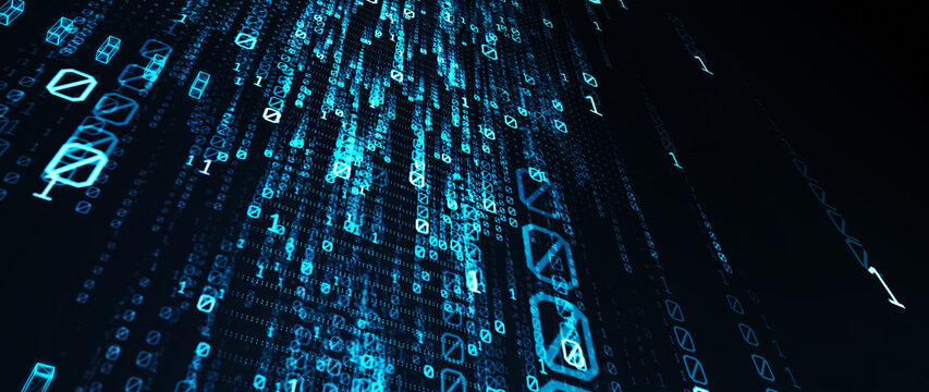 Binary code  background/Blue bytes of binary code flying through a vortex, background code depth of field