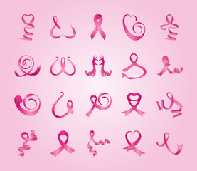 set of pink ribbons, badges, breast cancer awareness in pink background