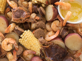 Crab Boil Overhead with butter