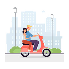 Loving couple riding motorcycle in city, flat vector illustration isolated.