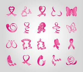 set of pink ribbons, breast cancer awareness