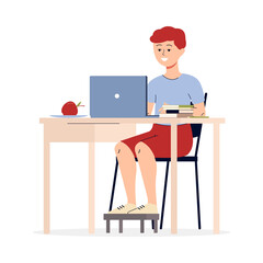Boy teenager character studying with laptop flat vector illustration isolated .