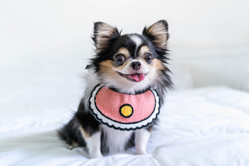 Smile happy cute black Chihuahua puppy in pink  apron sitting on a white bed in the room,smiling and looking camera,soft and selective focus