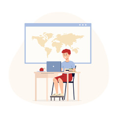 Computer online geography lesson with child flat vector illustration isolated.