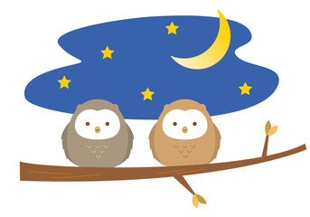 木の枝にとまっているフクロウたち　イラスト