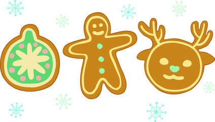 Fototapeta premium Set of Christmas gingerbread. Gingerbread deer, Christmas ball, man. Color work. Doodle. Hand drawn